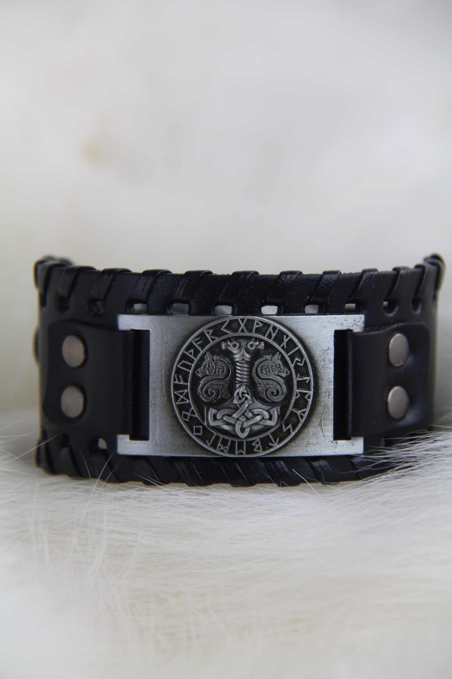 Thor's Hammer flanked by Geri and Freki Bracelet Detail