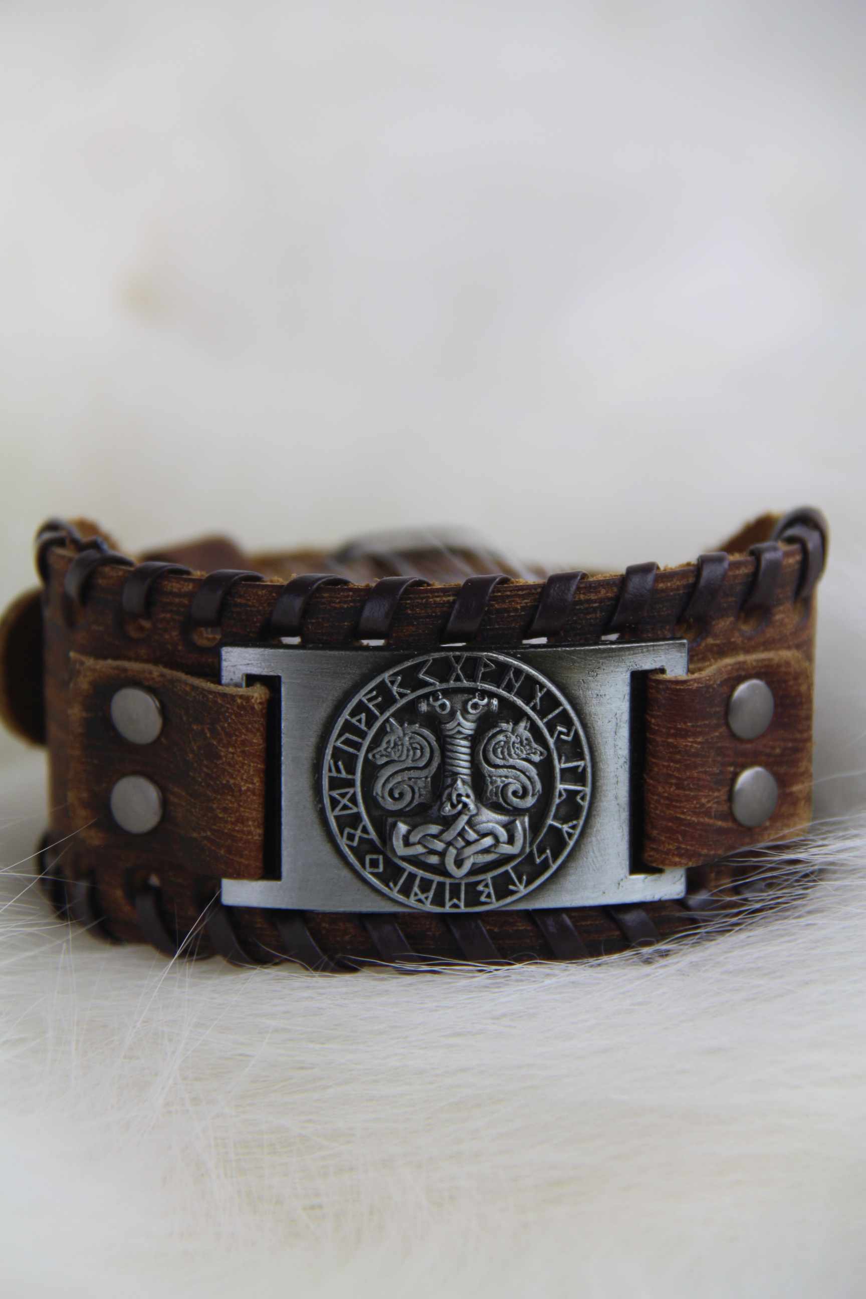 Thor's Hammer flanked by Geri and Freki Bracelet Worn