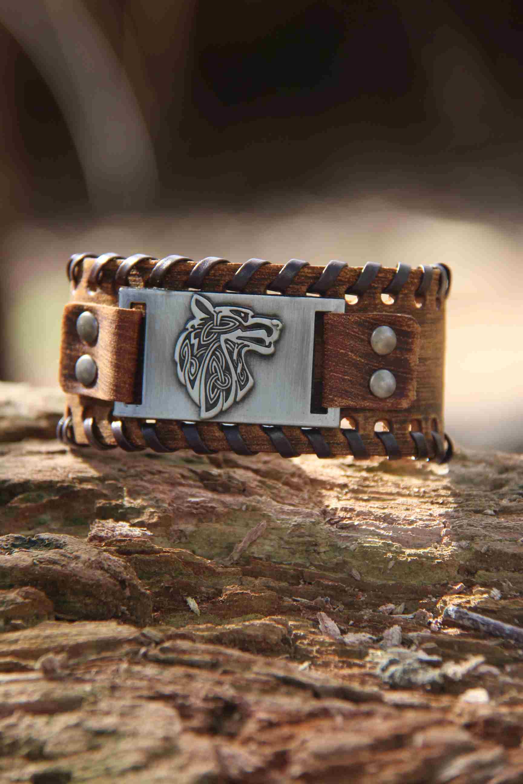 Wolf Leather Bracelet Worn