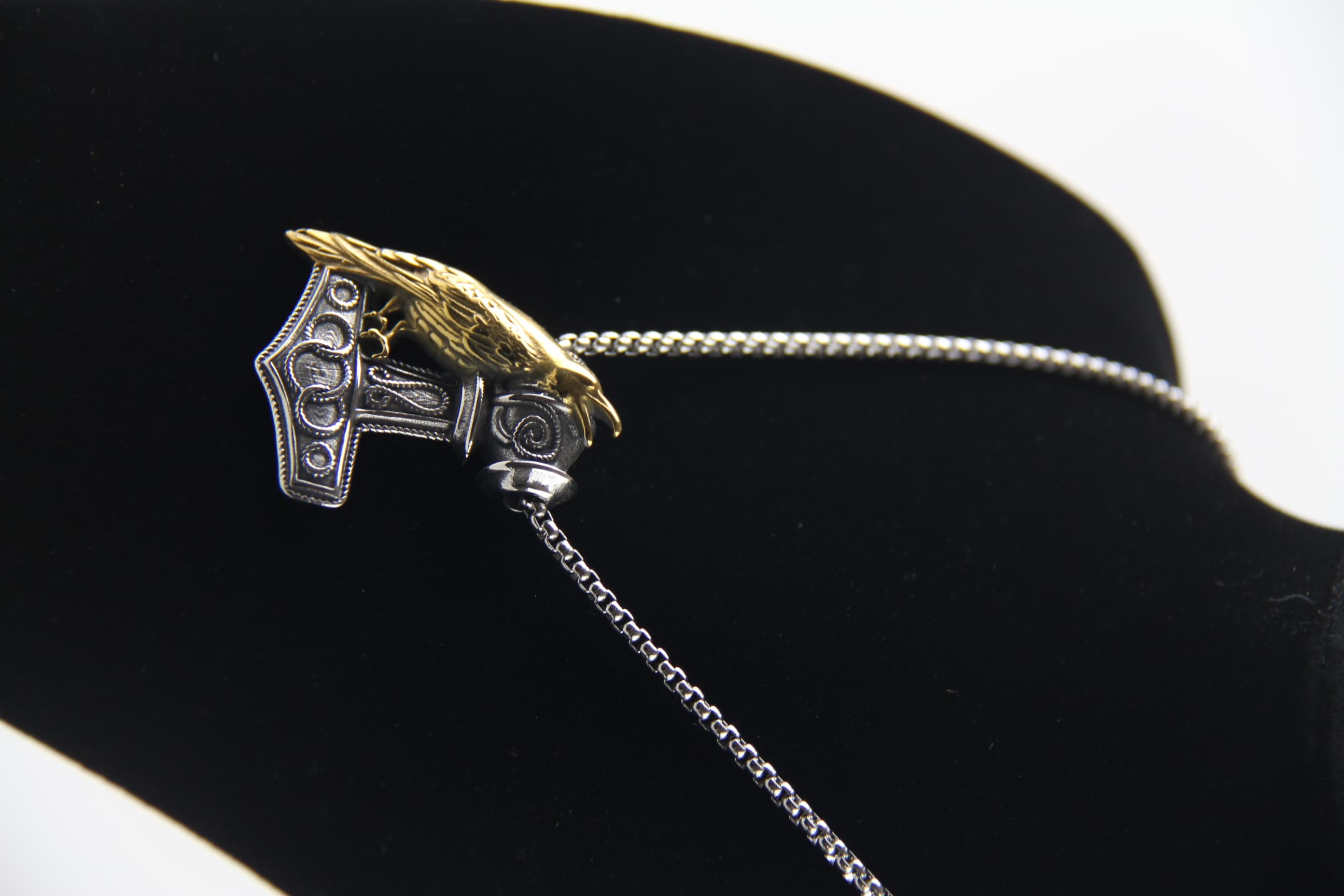 Mjolnir and Raven Necklace - Detail View